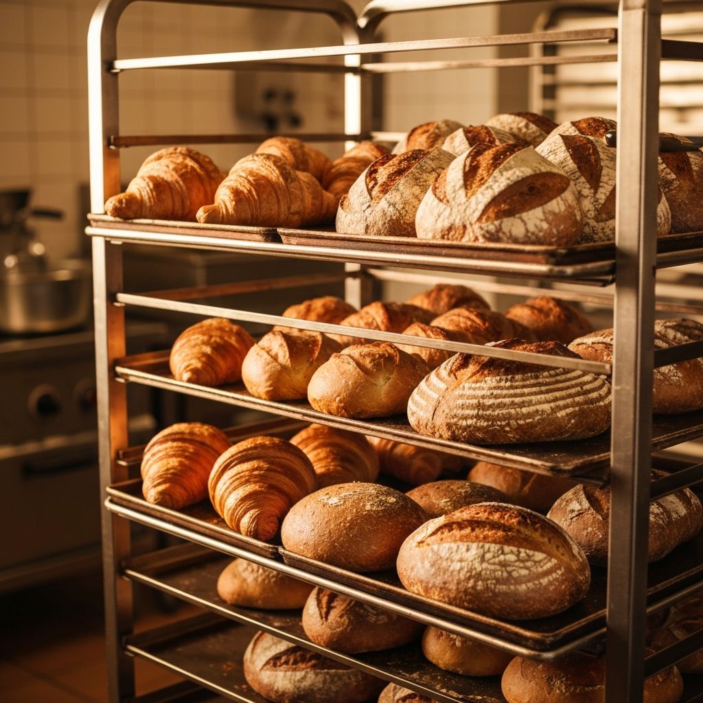 Bakery rack with fresh croissants and bread trays