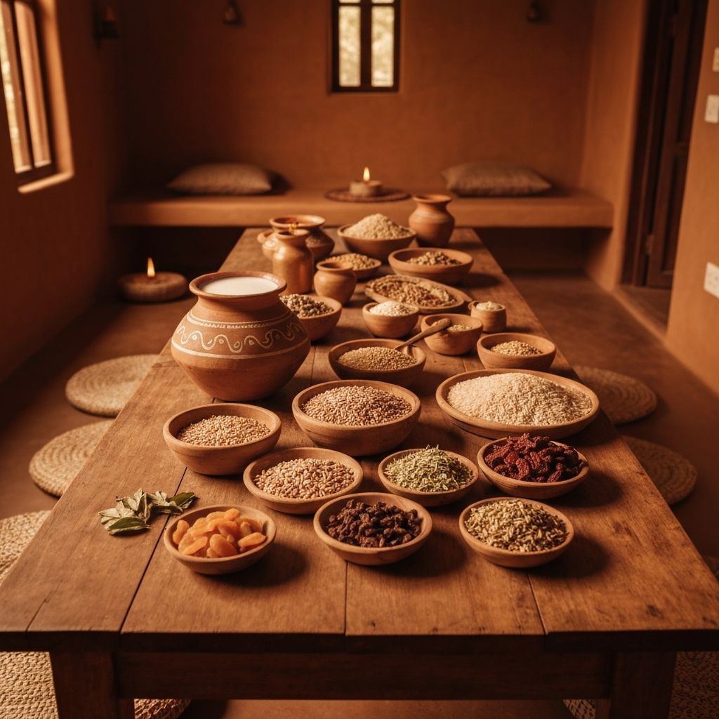 Simple communal table with milk and grains